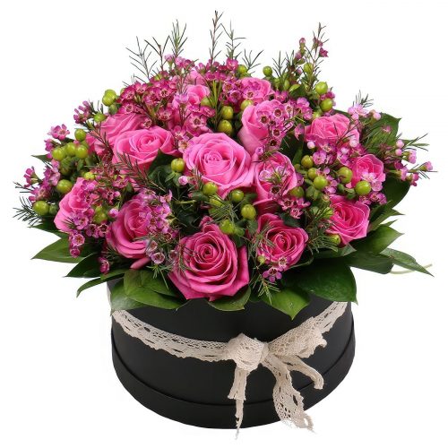 Цветы в шляпной коробке «Розовый фейерверк»